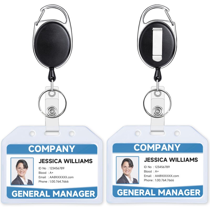Teskyer 2 Pack Heavy Duty Retractable Badge Holders with Carabiner Reel Clip and Extra Thick Clear Name Tag ID Card Holders, Horizontal - Image 1